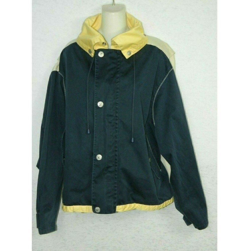 Nautica Jacket Blue Yellow Fold Away Hood Coat L‎